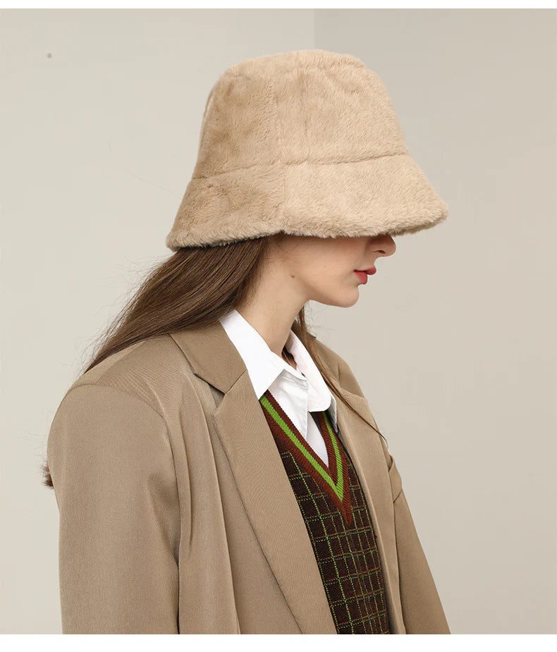 (ブラウン) 帽子 レディース ファー 秋 冬 深め バケットハット ハット 折たたみ もこもこ 暖かい 厚手 ファーハット 2024 サイズ調整 無地 女性