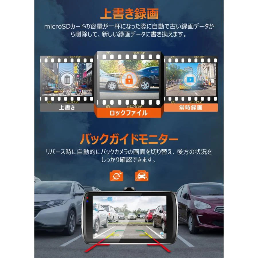 ドライブレコーダー　ドラレコ　車載カメラ 前後カメラ 1080PフルHD高画質　バックガイドモニター　赤外線暗視ライト 夜間撮影 170度超広角レンズ