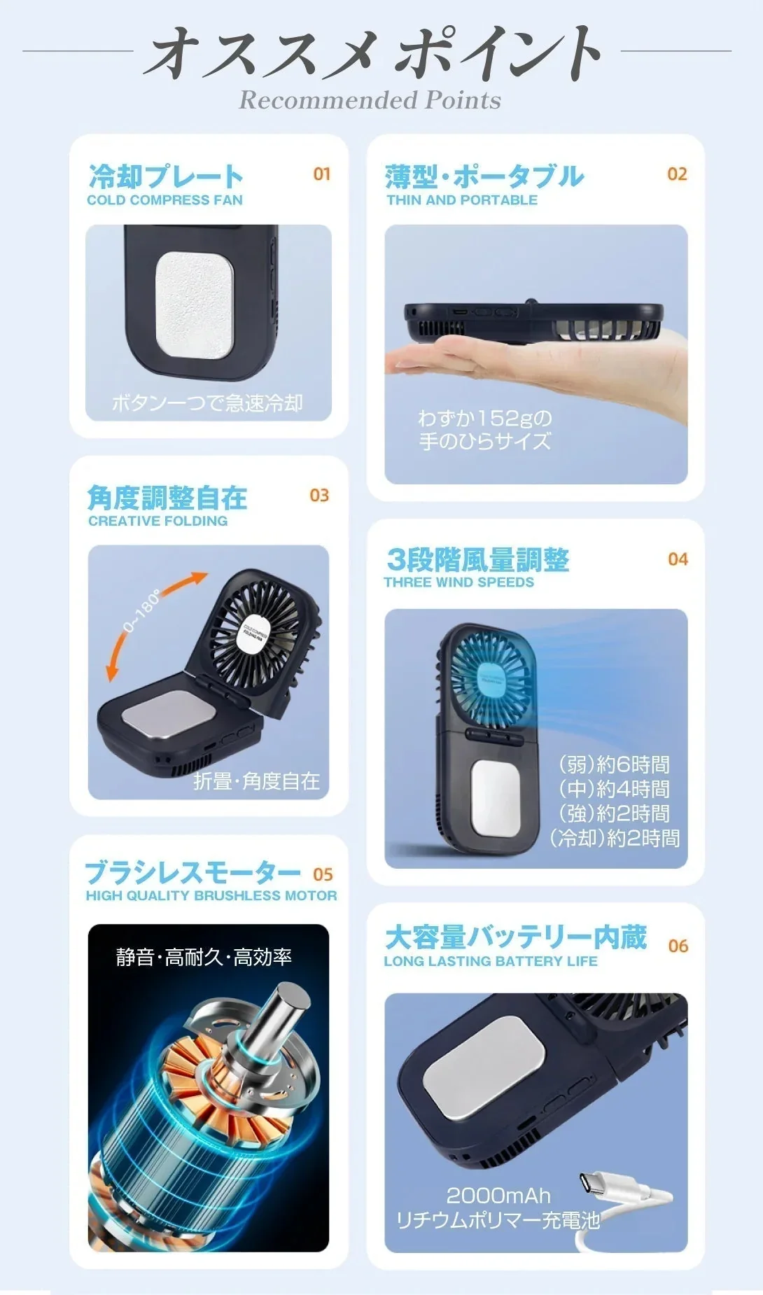 【ホワイト】冷却プレート 折りたたみ扇風機 1個 ハンディファン 4WAY ペルチェ式 瞬間冷却 携帯 扇風機 国華園