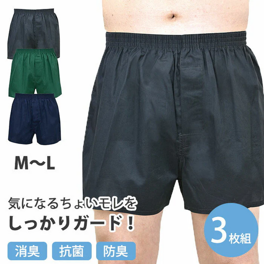 【Ｍサイズ】軽失禁パンツ 尿もれパンツ トランクス 3枚組 男性用 メンズ 吸水パッド M-LL ロングガード・トランクス３色組
