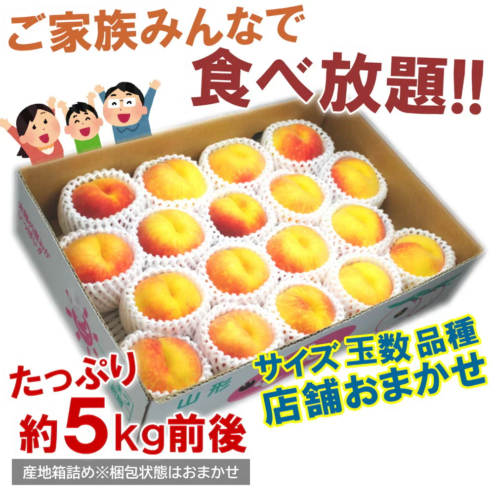 訳あり 黄桃 5kg前後 産地箱 モモ もも ピーチ サイズ・玉数おまかせ ご家庭用 送料無料 業務用 箱詰め 黄色い桃