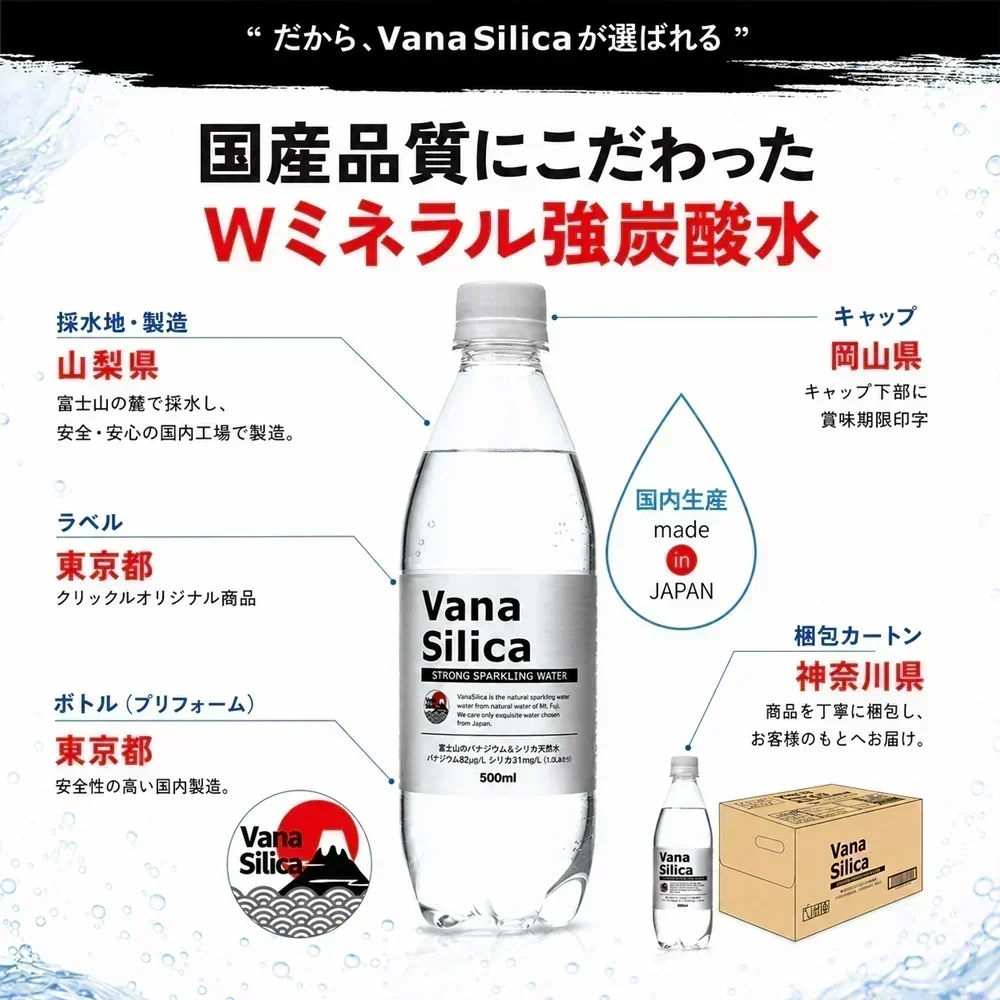 【 1ケース 】 富士山のバナジウム＆シリカ 強炭酸水 VanaSilica（バナシリカ） 500ml 24本 プレーン【ご新規さん限定商品】
