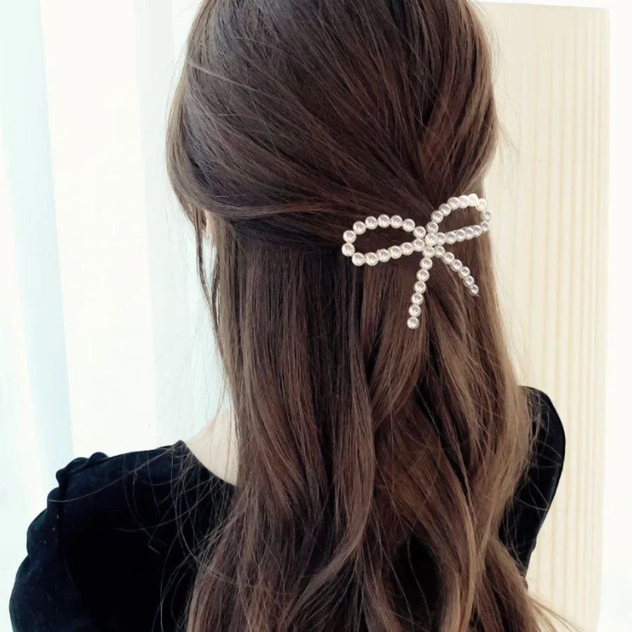 (ホワイト)ヘアピン リボン パールビーズヘアピン パッチン留め かわいい ヘアアクセサリー パールホワイト 子ども おしゃれ