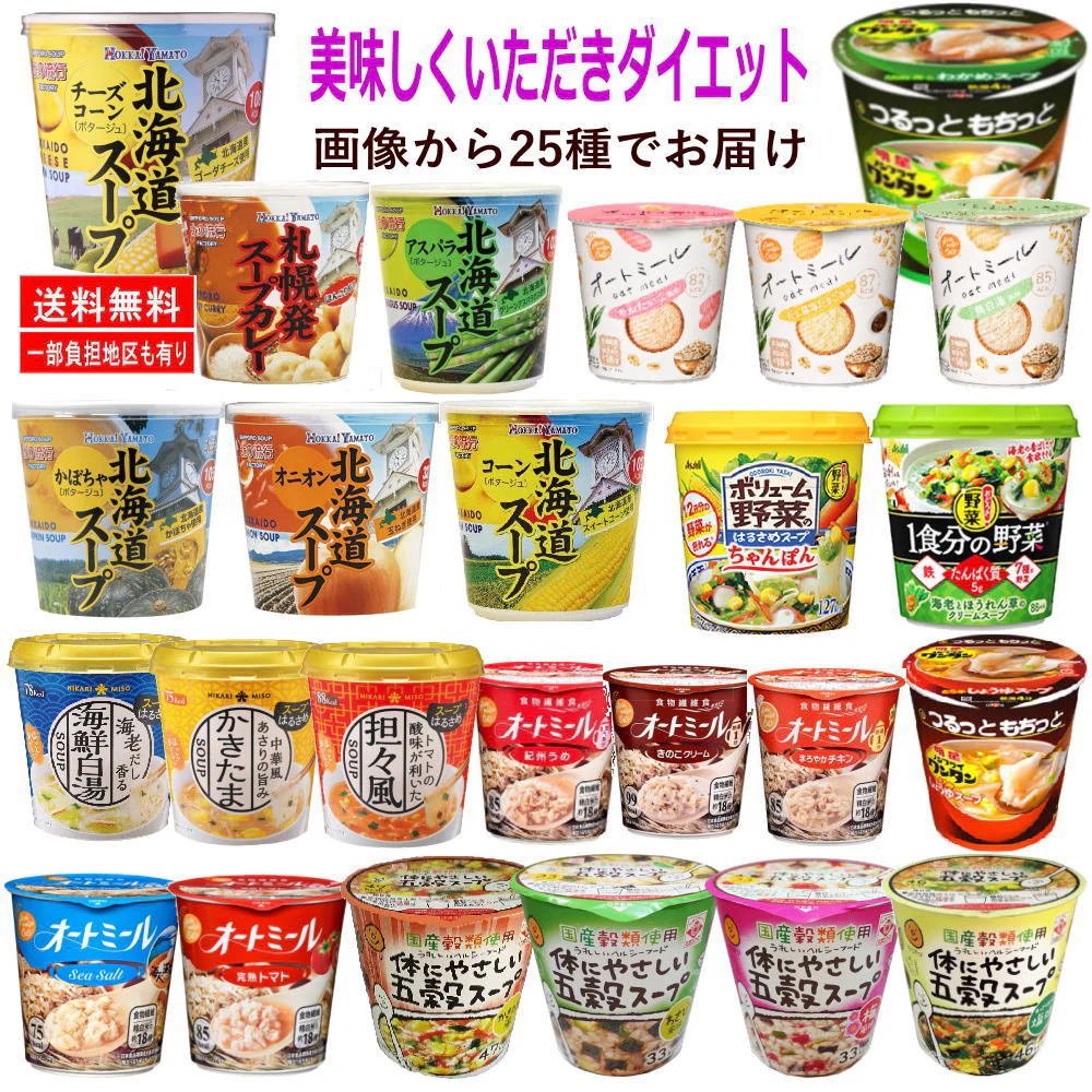 低カロリー 31～105Kcal  ダイエット志向のあなたに オートミール 北海道の野菜スープ 春雨スープ おどろき野菜 スープ詰め合せ 25個
