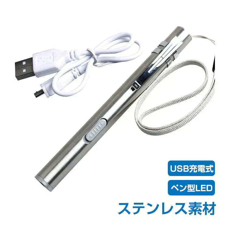 ペンライト LED ステンレス USB 充電 防災 作業灯 警告灯 クリップ ストラップ 【防災グッズがお得】