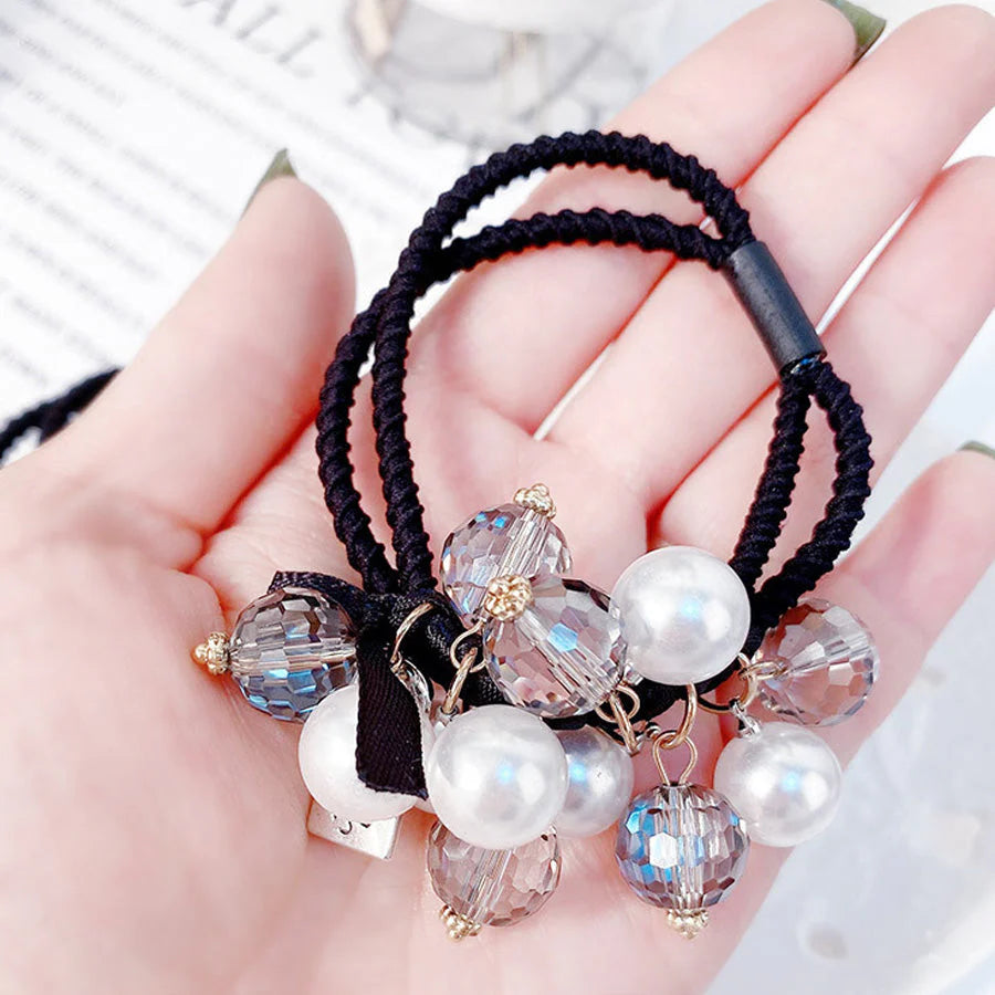 (ベージュ)ヘアゴム キラキラ パール おしゃれ ヘアアクセサリー リボン結び シンプル 髪留め