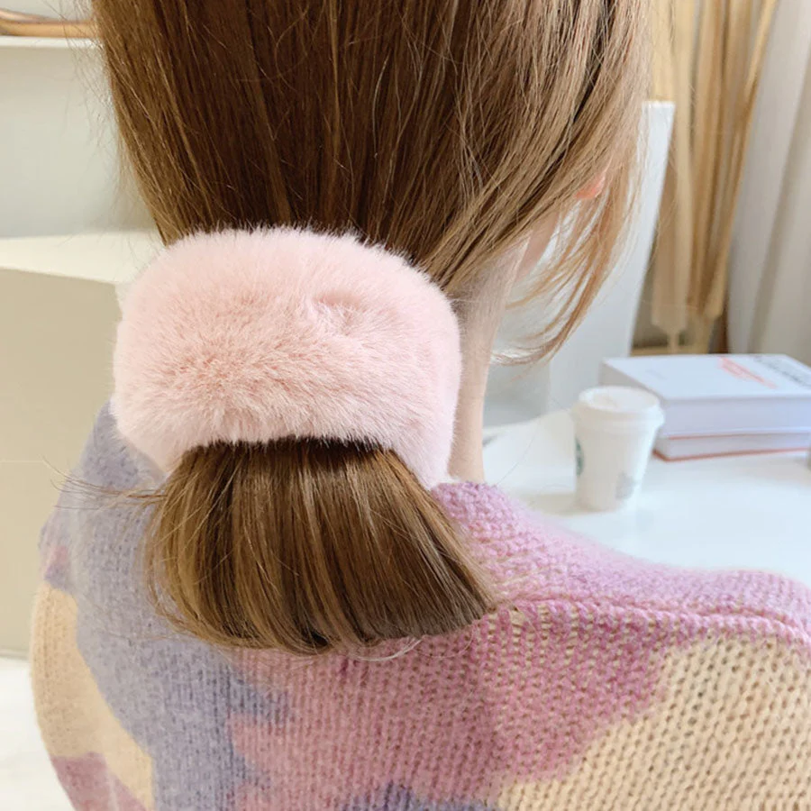 (キャメル)モコモコ ヘアアクセサリー ヘアワイヤーポニー ヘアブレスレット 冬 オシャレ ふわもこ かわいい