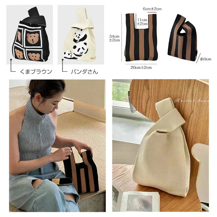 パンダ柄 SNS大人気 ニットマルシェバッグ レディース 小さめ ニットバッグ 韓国 ミニバッグ ハンドバッグ トートバッグ おしゃれ