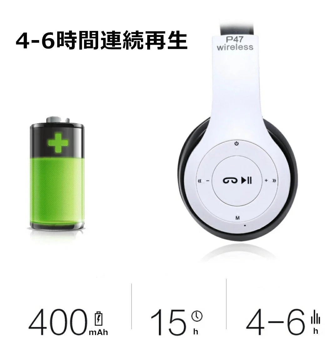 ヘッドホン ワイヤレス Bluetoothヘッドフォン 急速充電 超軽量 マイク付き 重低音 w047B(ブラック)