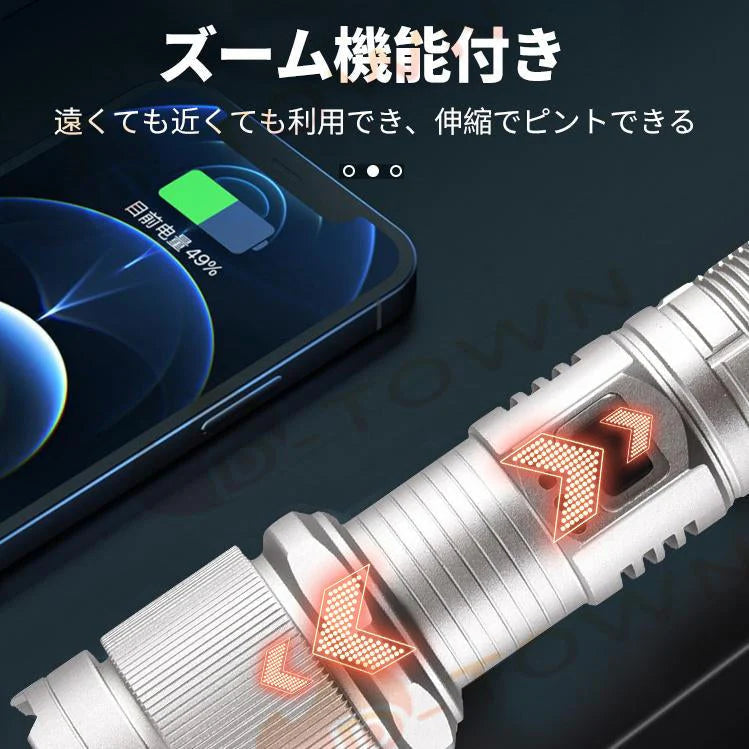 超高輝度LED 懐中電灯 ハンディライト 大容量26650リチウム電池 ズーム機能 フラッシュライト 残電量表示機能付きクリップ 超強ルーメン アウトドア