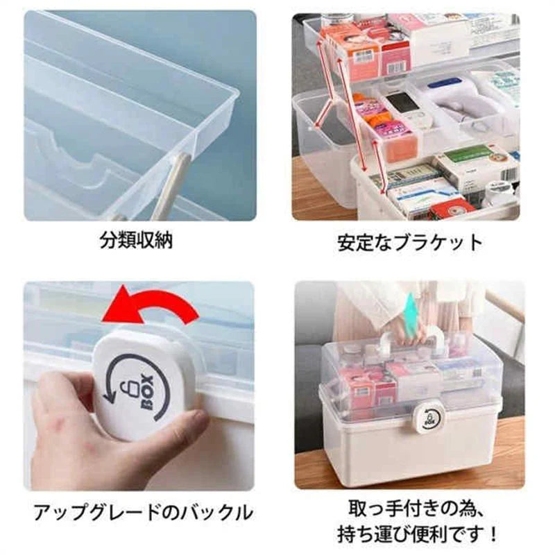 収納ボックス 薬箱 救急箱 大容量 3層 応急ボックス 取っ手付き 携帯便利 家庭用 薬入れ 小物入 w463A(ブルー)
