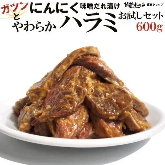 ガツンと にんにく やわらか ハラミ 味噌だれ漬け 600g お試しセット 焼肉 BBQ バーベキュー 情熱ホルモン 北海道沖縄県は別途送料追加