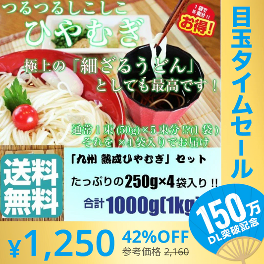 【超シェア買い祭】ひやむぎ　冷麦　1キロ　お取り寄せ　人気　つるつるシコシコ食感 九州特産 本場熟成ひやむぎ 細うどん風　たっぷり1000g　お試しグルメギフト