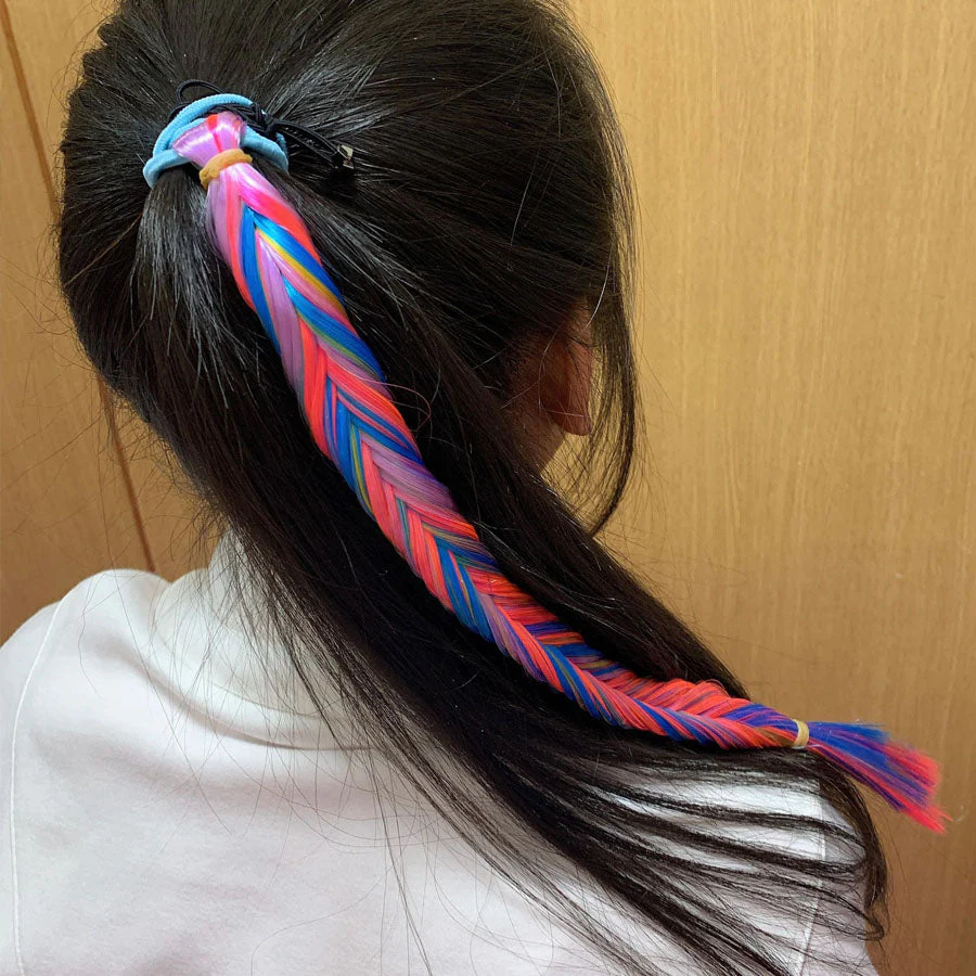 (ピンク02)ヘアアクセサリー エクステ ロング編み込みウィッグ 子供 キッズ ジュニア ダンス ウィッグ つけ毛 カラフル 毛束 ダンサー髪型