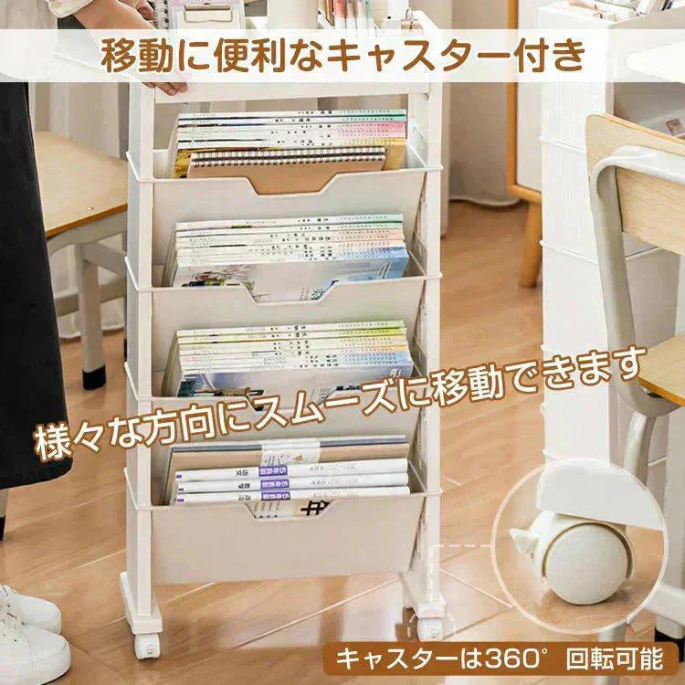 マガジンラック 「ベージュ」 本棚 書類棚 スリム 大容量 薄型 雑誌収納棚 新聞収納 キャスター付き ワゴンタイプ 雑貨屋文具 小物 美容室 バスケット A4 おしゃれ 北欧
