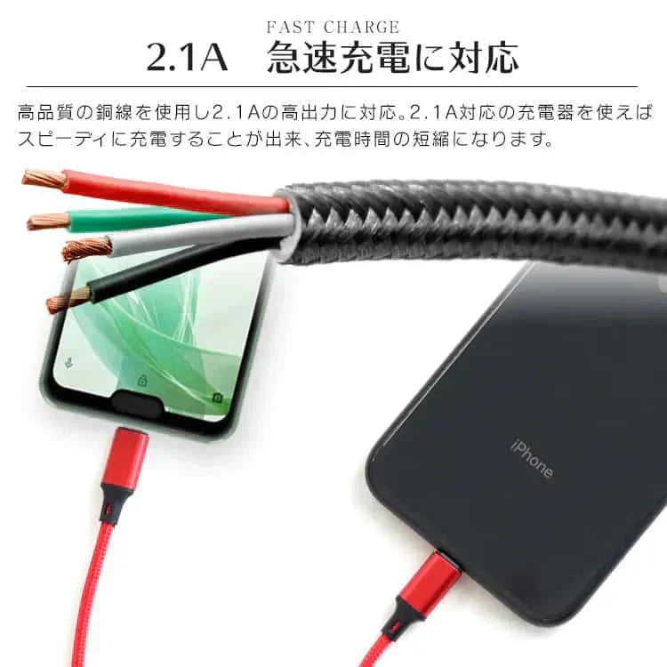 【ネイビー】3in1 充電ケーブル USB iPhone Android 全7色 1.2m 超高耐久 断線防止 2.1A Type-C Lightning micro USB  急速充電 充電器 iPhone Android 充電ケーブル マルチ ライトニングケーブル タイプC アンドロイド アイフォン