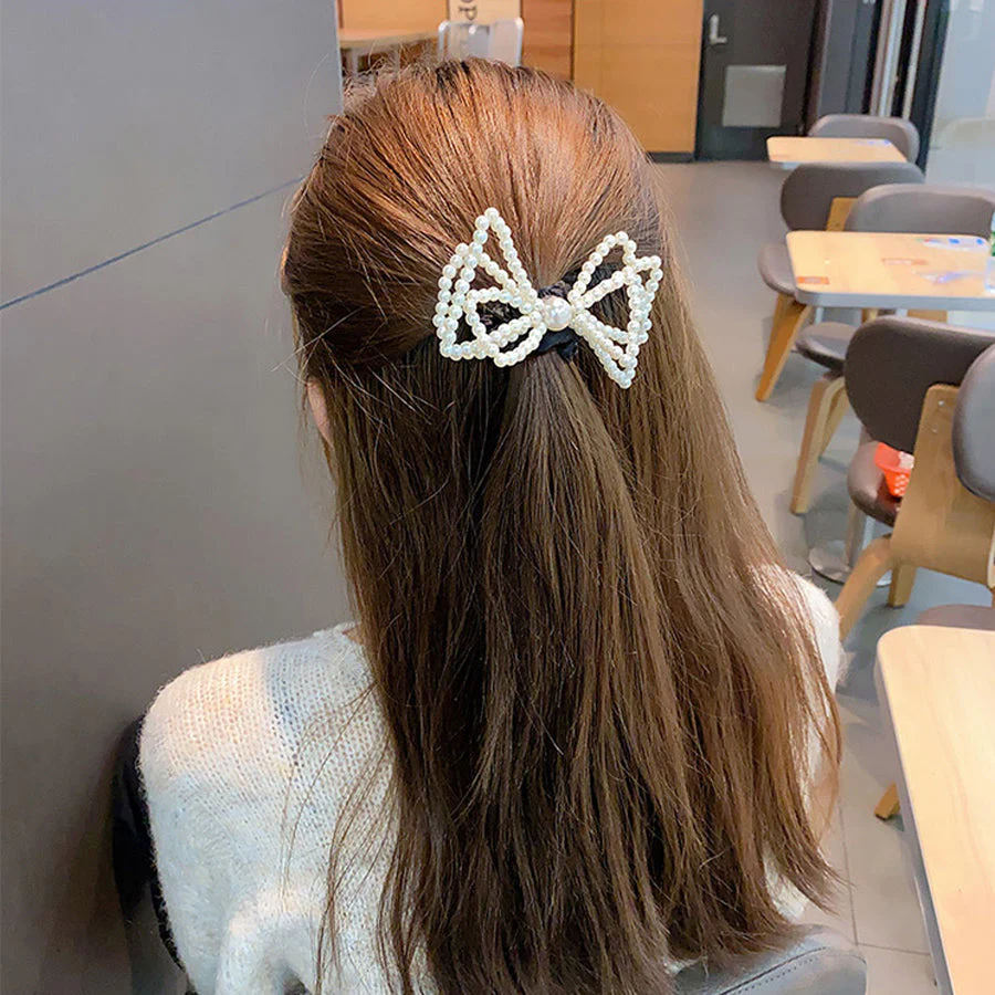 (B金具)ヘアピン ヘアゴム 結び  リボン パールビーズヘアピン パッチン留め かわいい ヘアアクセサリー ホワイト 子ども おしゃれ