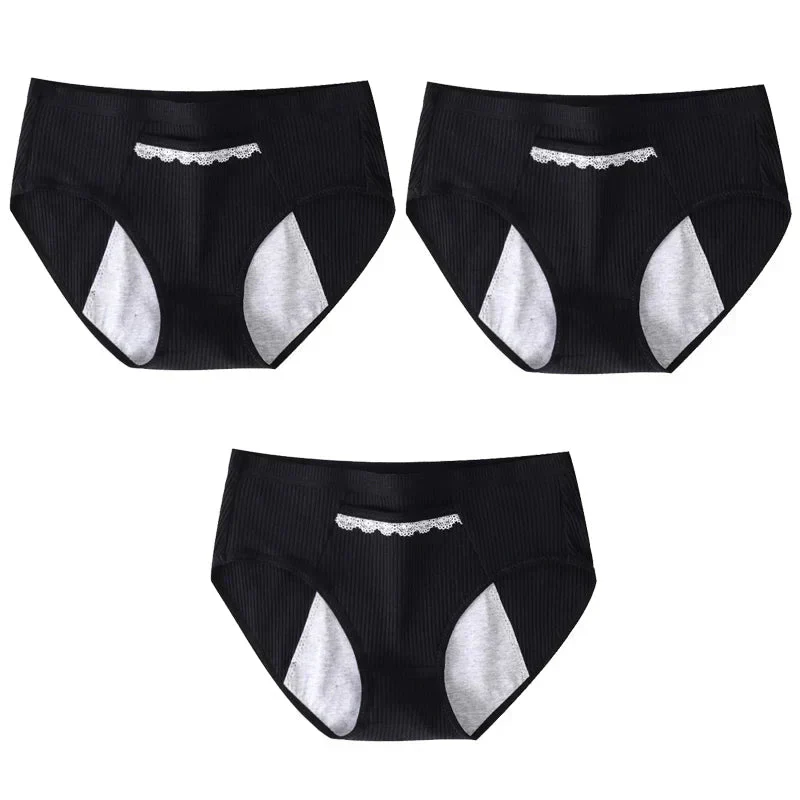サニタリーショーツ 3枚入 ブラック Lサイズ レディース 綿 ストレッチ 生理用 パンツ 防水ゾーン 漏れ防止 ポケット 下着 通気性抜群 女性 中学生 高校生 20代 30代 40代