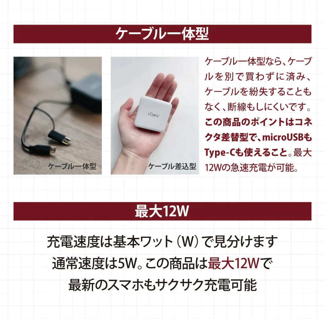 （ホワイト）iCarry スリム USB コンセント 2WAY スマホ充電器 【Type-C + microUSB どちらも使える 12W 急速充電】17-AC12BC