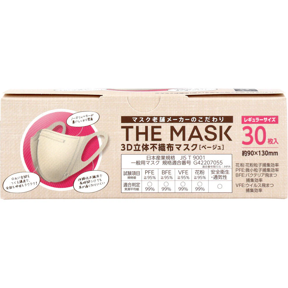不織布マスク THE MASK 3D立体 レギュラーサイズ ベージュ 30枚入り X4箱