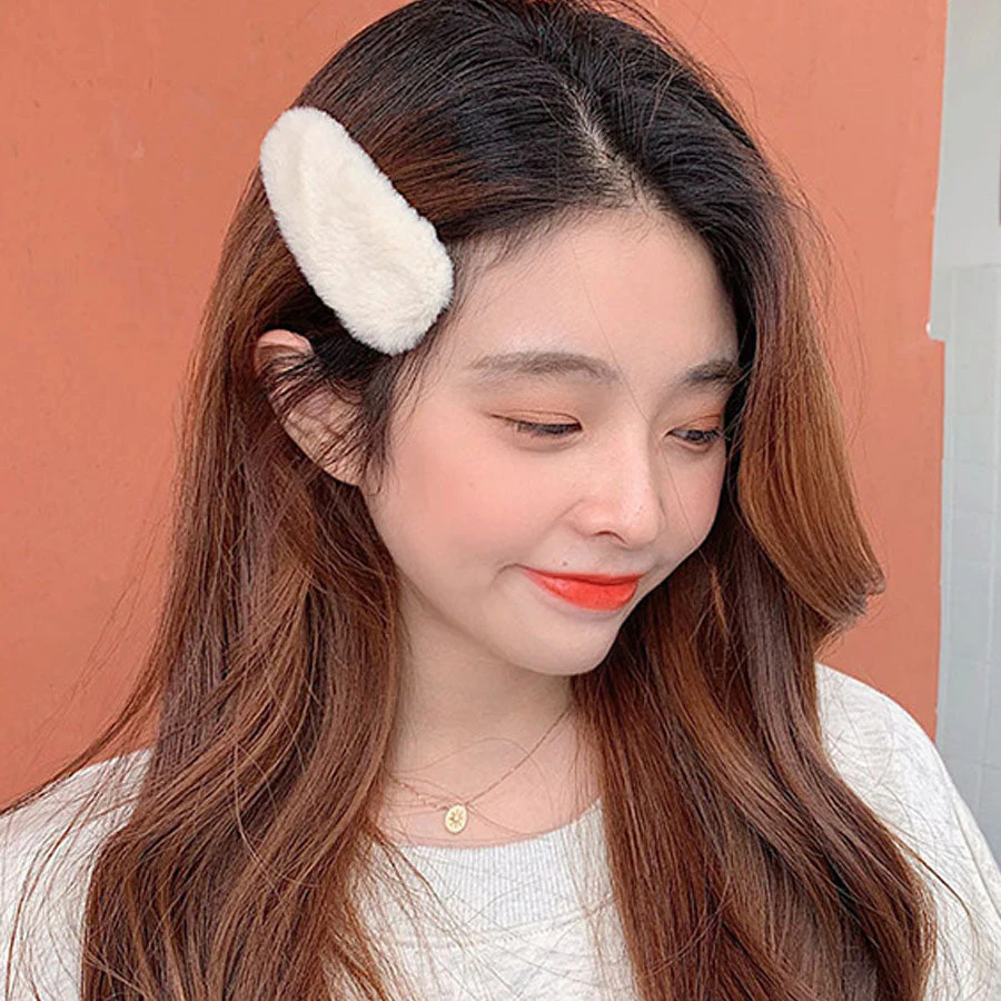 (レッド)ファーカラー BIGオーバルヘアクリップ ヘアピン ヘアアクセサリー 大きめ ヘア留め 前髪 オシャレ