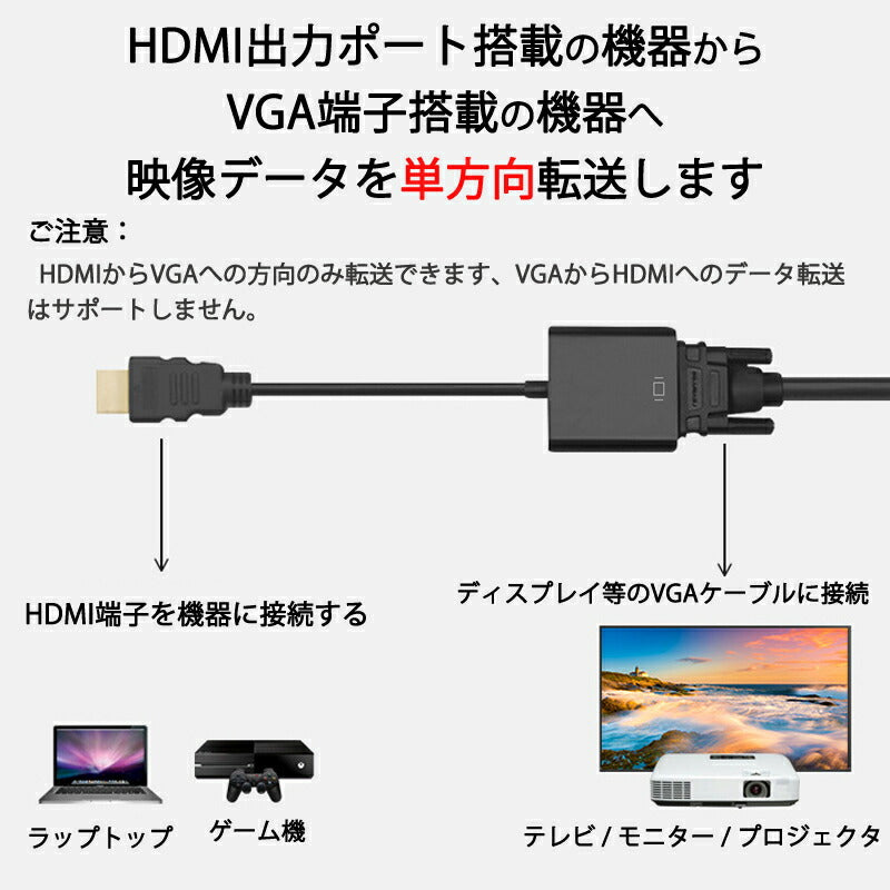 HDMIオスtoVGA+AUXメス 3.5mm音声機能付 オーディオジャック付き 変換アダプター 黒 D-sub 15ピン 単方向 変換ケーブル V1.4 1080P