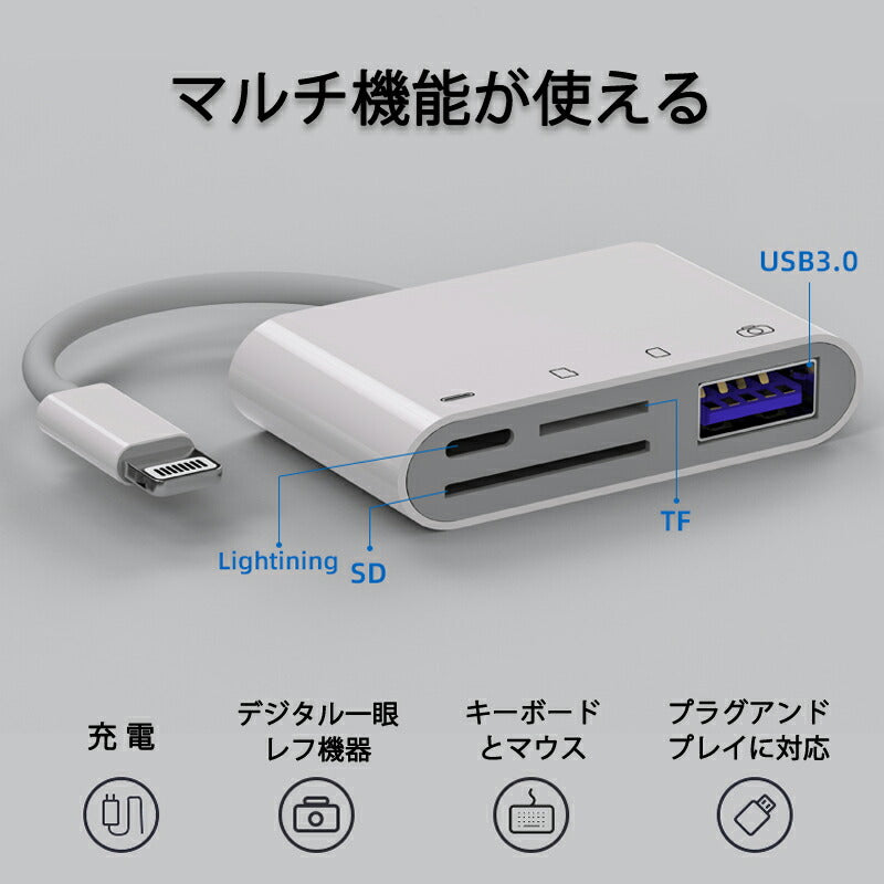 iPhone 4in1変換アダプタ Lightning充電ジャック USB3.0ポート SD/TFカードリーダー iPadライトニング データ転送 バックアップ PDFファイル 保存移動