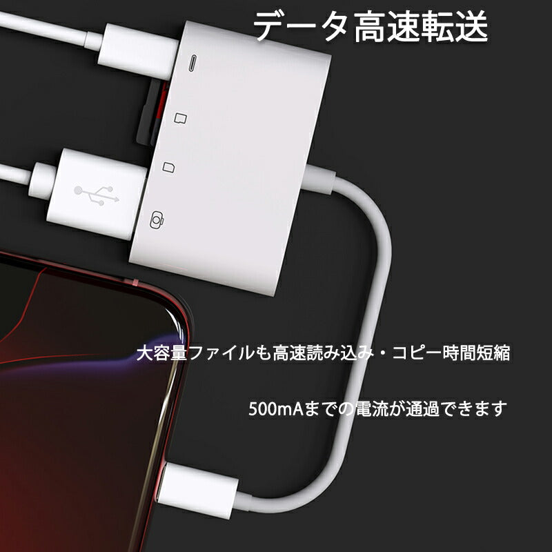 iPhone 4in1変換アダプタ Lightning充電ジャック USB3.0ポート SD/TFカードリーダー iPadライトニング データ転送 バックアップ PDFファイル 保存移動