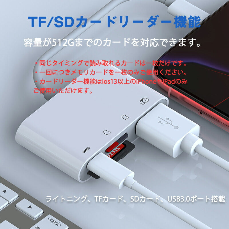 iPhone 4in1変換アダプタ Lightning充電ジャック USB3.0ポート SD/TFカードリーダー iPadライトニング データ転送 バックアップ PDFファイル 保存移動