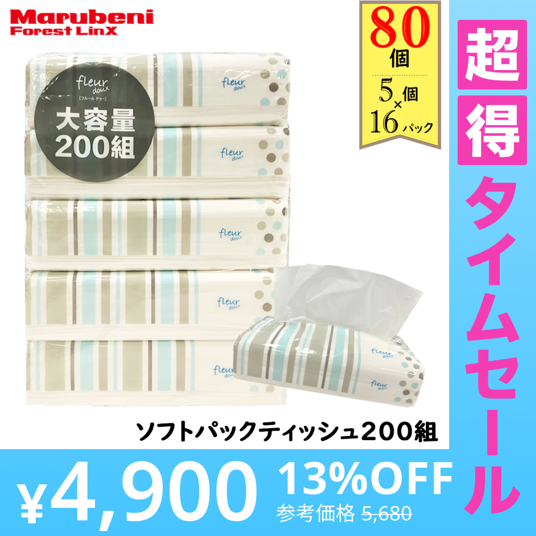 【超得ハイパーSALE】＼大容量ティッシュ／［400枚（200組）5個×16パック(80個)入り ］ティッシュペーパー ソフトパックティッシュ200W 青色パッケージ フルールドゥ 送料無料