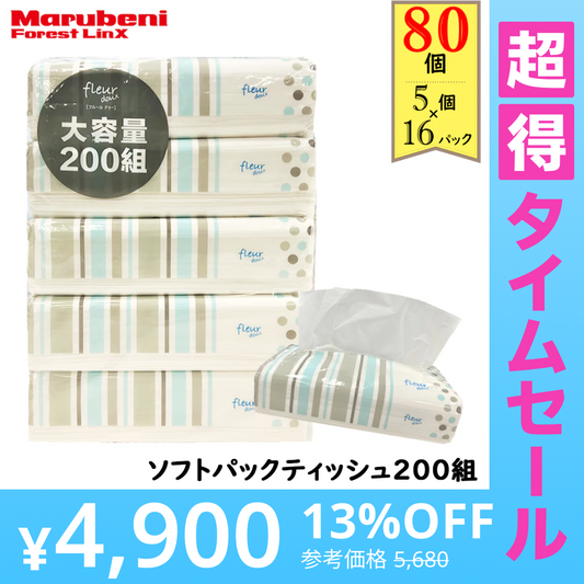 【超得ハイパーSALE】＼大容量ティッシュ／［400枚（200組）5個×16パック(80個)入り ］ティッシュペーパー ソフトパックティッシュ200W 青色パッケージ フルールドゥ 送料無料
