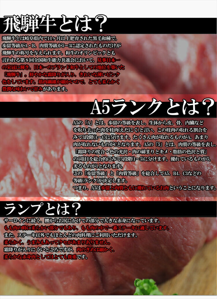【3人シェア買いでお得】飛騨牛 A5等級 ランプステーキ100g×5枚