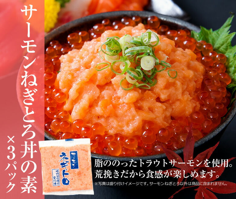 【3人シェア買いでお得】海鮮丼 15食 セット（マグロ漬け3p・ネギトロ3P+サーモンネギトロ3p+トロサーモン3p+イカサーモン3P）