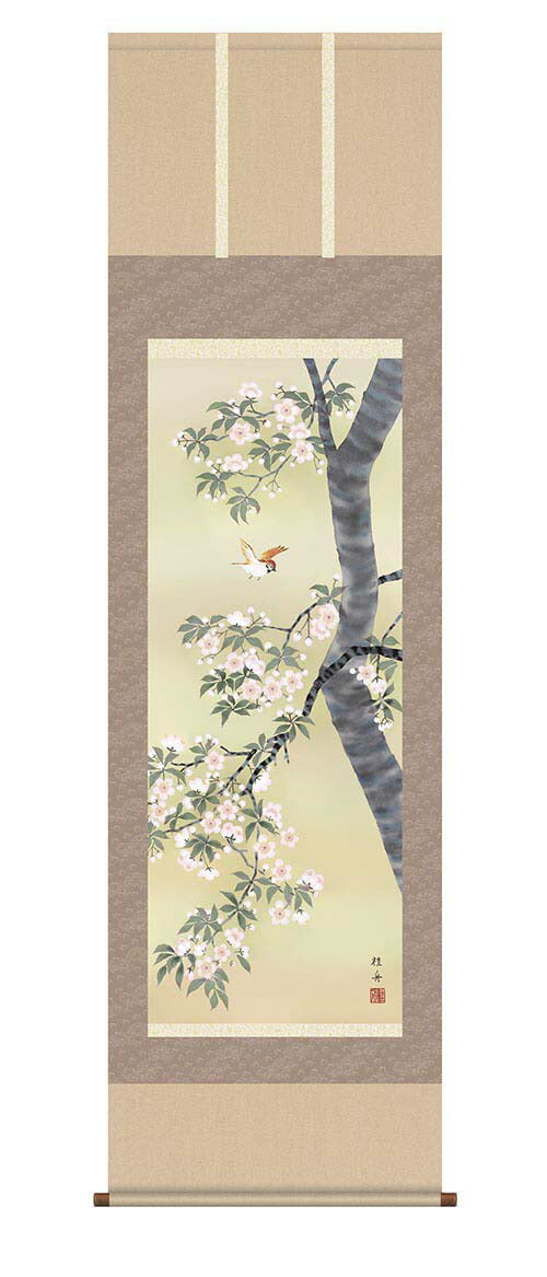 掛軸「桜花に小鳥」　長江桂舟　筆
