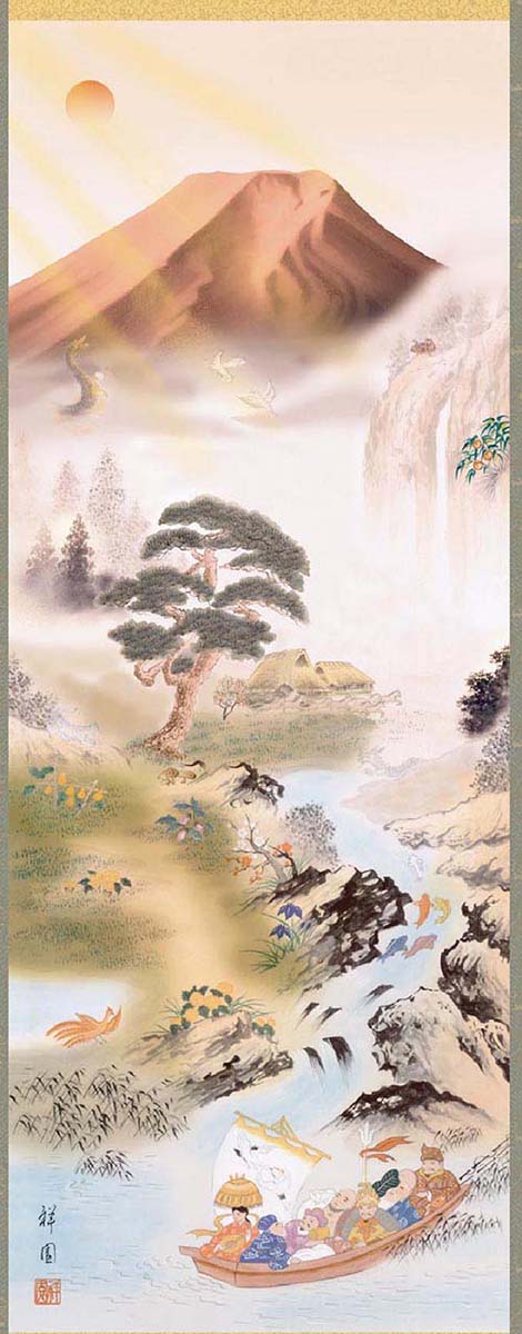 開運掛軸【開運万全図】山本祥園筆（桐箱入り）[ 収納箱 10年保証 受注生産 床の間 和風 掛け軸 開運 和 和室 リビング 国産 国内産 縁起が良い 長寿 七福神 日本製 名画 縁起物 プレゼント 画寸 送料無料 ]