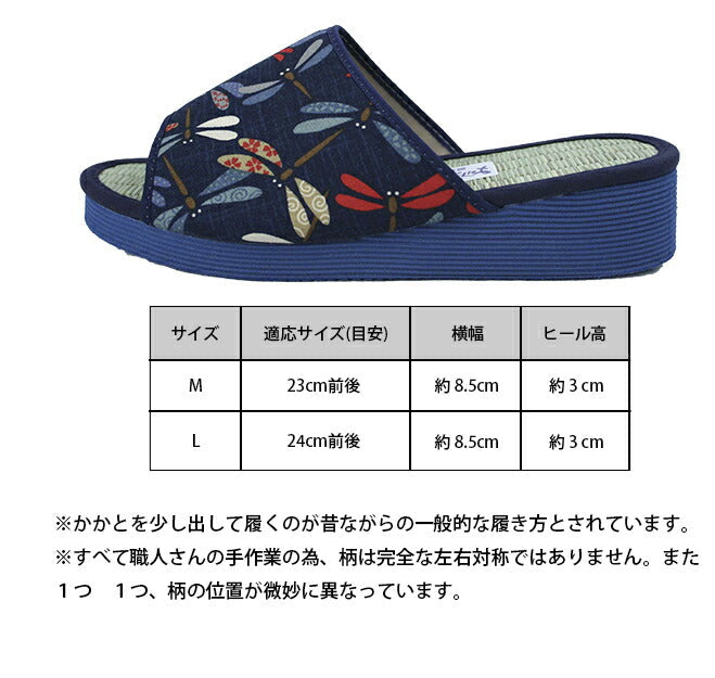 【なかよしメダカLサイズ】畳 サンダル レディース 紺 藍染め 和柄たたみサンダル 室内履き 外履き 猫 トンボ めだか M/L 可愛い