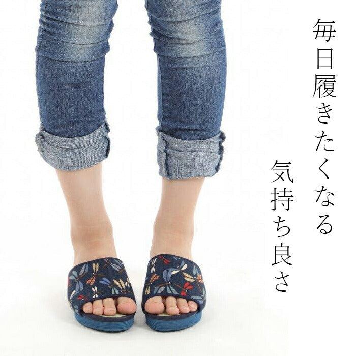 【なかよしメダカLサイズ】畳 サンダル レディース 紺 藍染め 和柄たたみサンダル 室内履き 外履き 猫 トンボ めだか M/L 可愛い