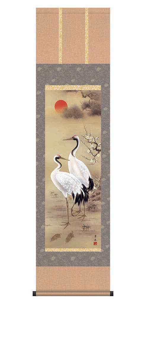 掛軸「松竹梅鶴亀」戸塚翠漣筆 [ 国産 日本製 保証付 松竹梅 鶴亀 31×89 長寿 円満 品質保証付き 国内産 慶祝作品 開運 床の間 インテリア 和風 縁起物 送料無料 ]