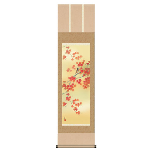 【Ｃ=秋「紅葉に小鳥」】掛軸 四季花鳥揃 田村竹世筆 尺三四幅） 収納箱付き 十年間保証 受注生産品