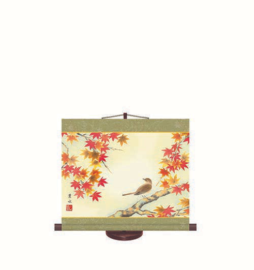 花鳥ミニ掛軸「紅葉」 葉水 筆[ 収納箱 10年保証 44.5x29 インテリア コンパクト 季節掛け リビング 和室 和 受注生産 床の間 和風 掛け軸 日本製 国産 国内産 名画 縁起物 プレゼント 画寸 送料無料 ]