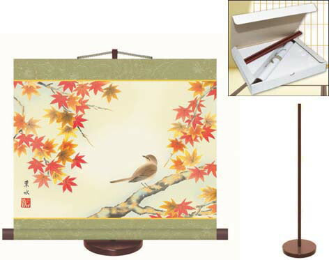 花鳥ミニ掛軸「紅葉」 葉水 筆[ 収納箱 10年保証 44.5x29 インテリア コンパクト 季節掛け リビング 和室 和 受注生産 床の間 和風 掛け軸 日本製 国産 国内産 名画 縁起物 プレゼント 画寸 送料無料 ]