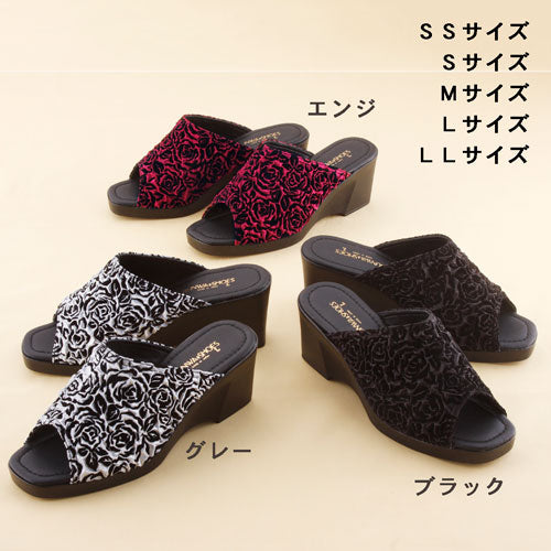 【グレー Sサイズ】国産バラ柄サンダル [ 選べるカラー サイズ サンダル ミュール レディース M-LL 薔薇柄 バラ柄 花柄 おしゃれ かわいい ヒール 6.5cm 脚長効果 ウェッジソール カジュアル エレガント 薔薇 バラ 履きやすい 女性 送料無料 ]
