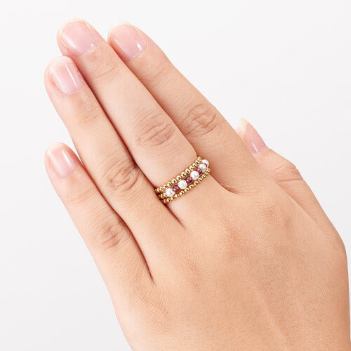 【ゴールド】指輪 リング レディース ガーネット&貝パール3連フリーリング フリーサイズ