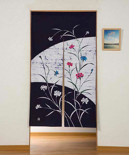 のれん 暖簾 おしゃれ 和風モダン ろうけつ染めのれん カーネーション 80×150cm