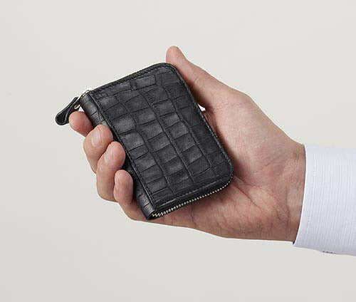 【ブラック】栃木レザー「ラウンドファスナーポケット財布」クロコ柄（ブラック）財布 メンズ 小さい 軽量 軽い 薄型 薄い ファスナー 栃木レザー 牛革 日本製 クロコ柄