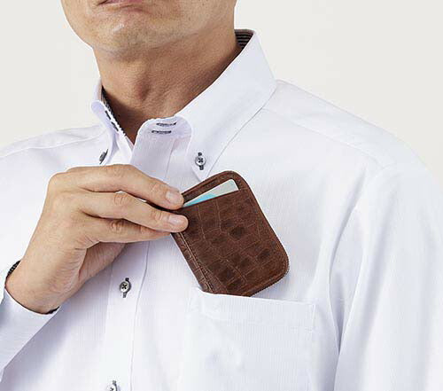 【ブラウン】栃木レザー「ラウンドファスナーポケット財布」クロコ柄（ブラック）財布 メンズ 小さい 軽量 軽い 薄型 薄い ファスナー 栃木レザー 牛革 日本製 クロコ柄