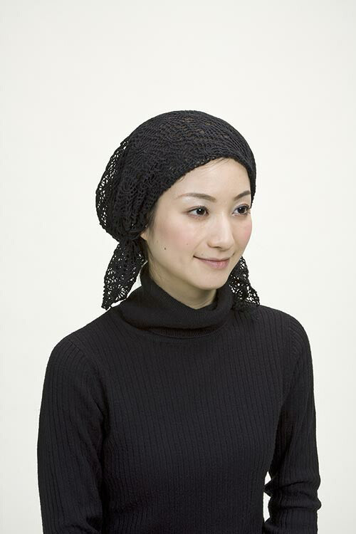 【ブラック】ニットヘアーキャップ  レディース 女性用 春用 夏用 来客 入院 抗がん剤 白髪隠し 涼しい 蒸れにくい 紫外線対策 レース サマーニット