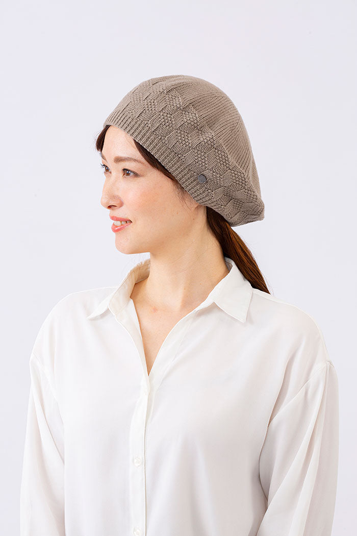 【ワイン】ヒロココシノ　編み柄入ニットベレー帽 ブラック ワイン レッド ベージュ レディース 大きめ 帽子 春夏 秋冬 夏用 お出かけ おしゃれ ギフト 母の日 敬老の日