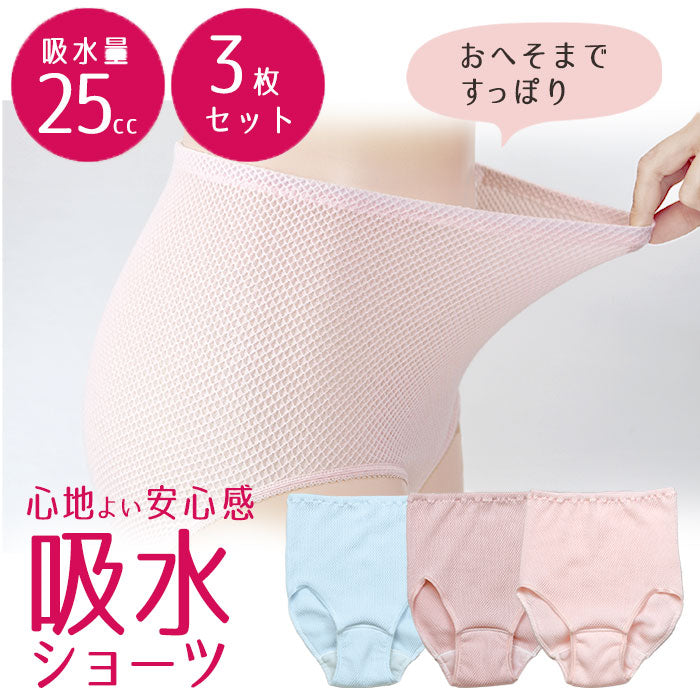 【ＬＬサイズ】尿漏れパンツ 女性用ショーツ 3色組 25cc 失禁ショーツ 安心ショーツ シームレス 無縫製 深履き ゆったり 日本製 / 心地いい安心ショーツ3色組