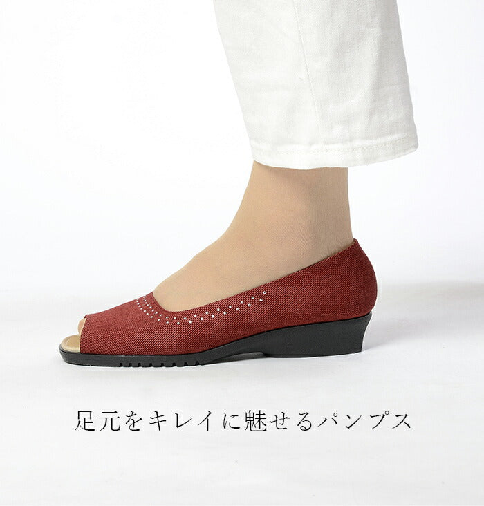 【ワイン 24.5cm】 パンプス レディース 痛くない 歩きやすい 前開きデニム 無地美脚 カジュアル 大人カジュアル ラインストーン ファッション デニムきらきら前開きパンプス